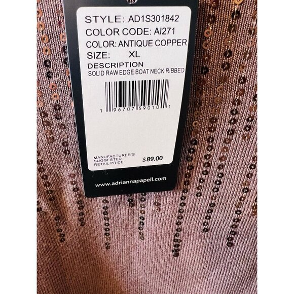 Adrianna Papell Solid Raw Edge Boat Neck Ribbed XL Antique Copper Color Brown - Picture 6 of 8